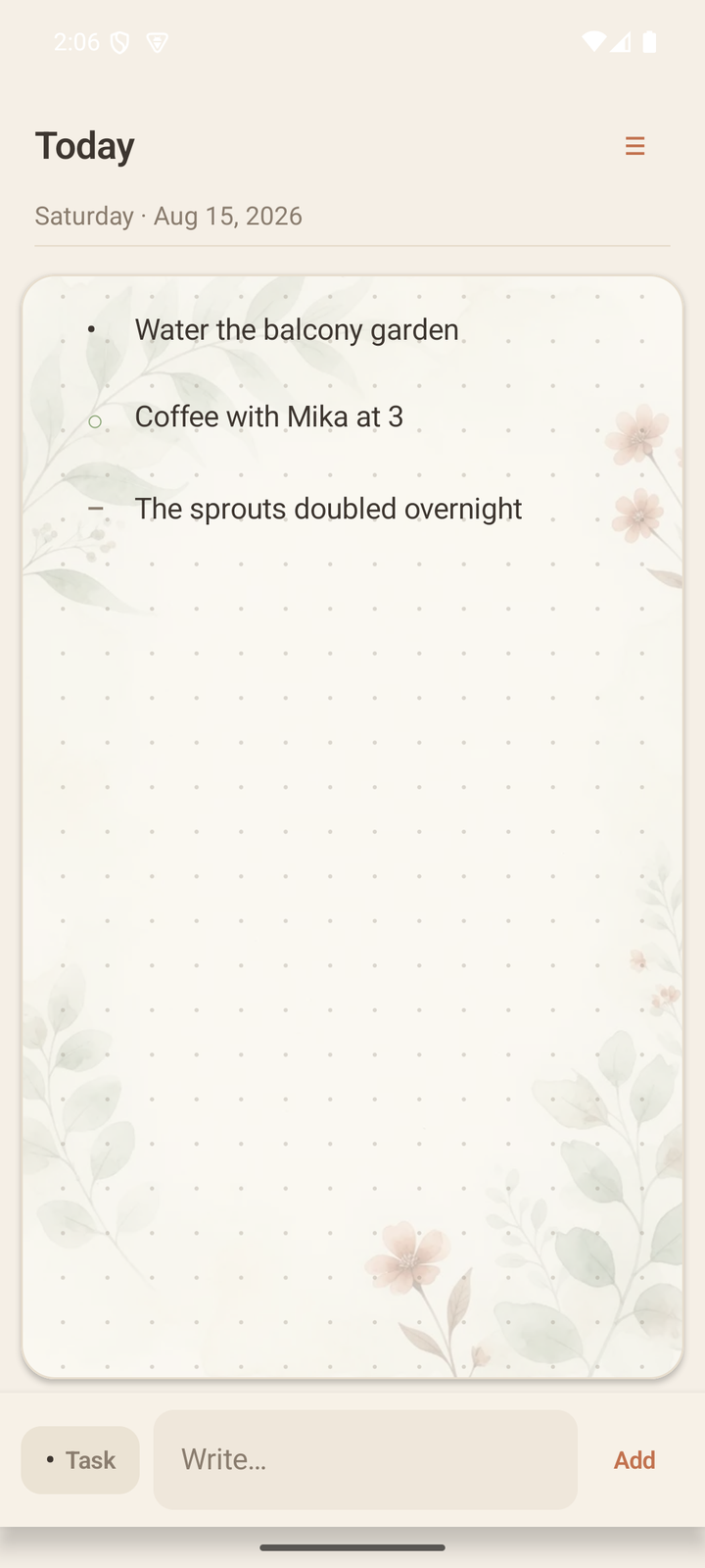 Bukojo daily log: a floral paper page card with task, event and note bullets.