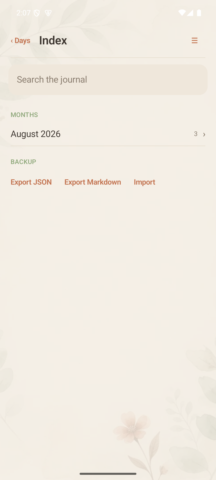 Bukojo index: journal search, months with entry counts, and JSON or Markdown export.