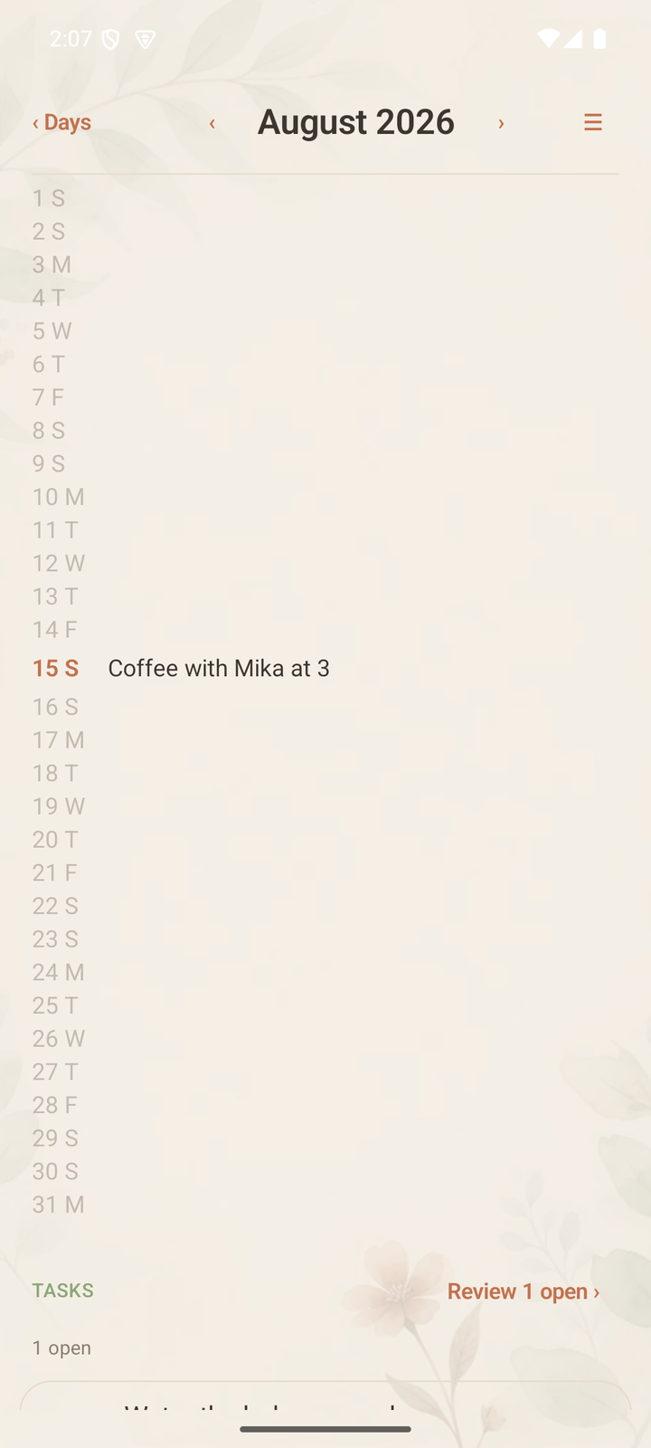 Bukojo monthly log: a classic bullet-journal day column with entries and an open-task review.