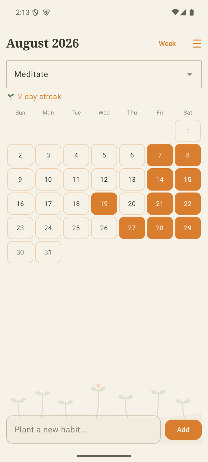 Habit Cabbit month calendar for one habit, checked days filled in carrot orange.