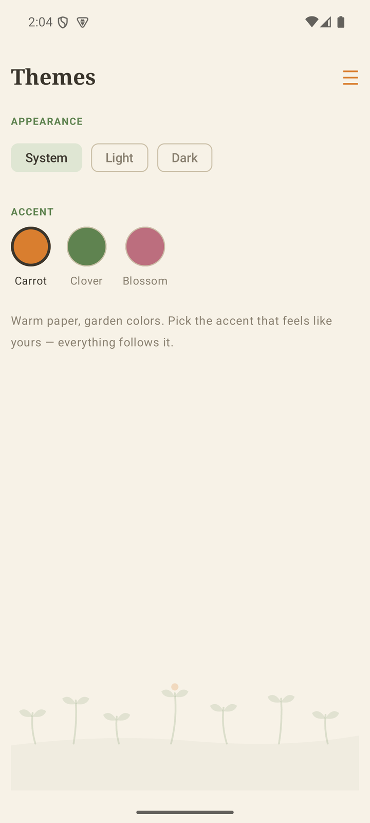 Habit Cabbit themes screen: light and dark appearance with Carrot, Clover and Blossom accents.