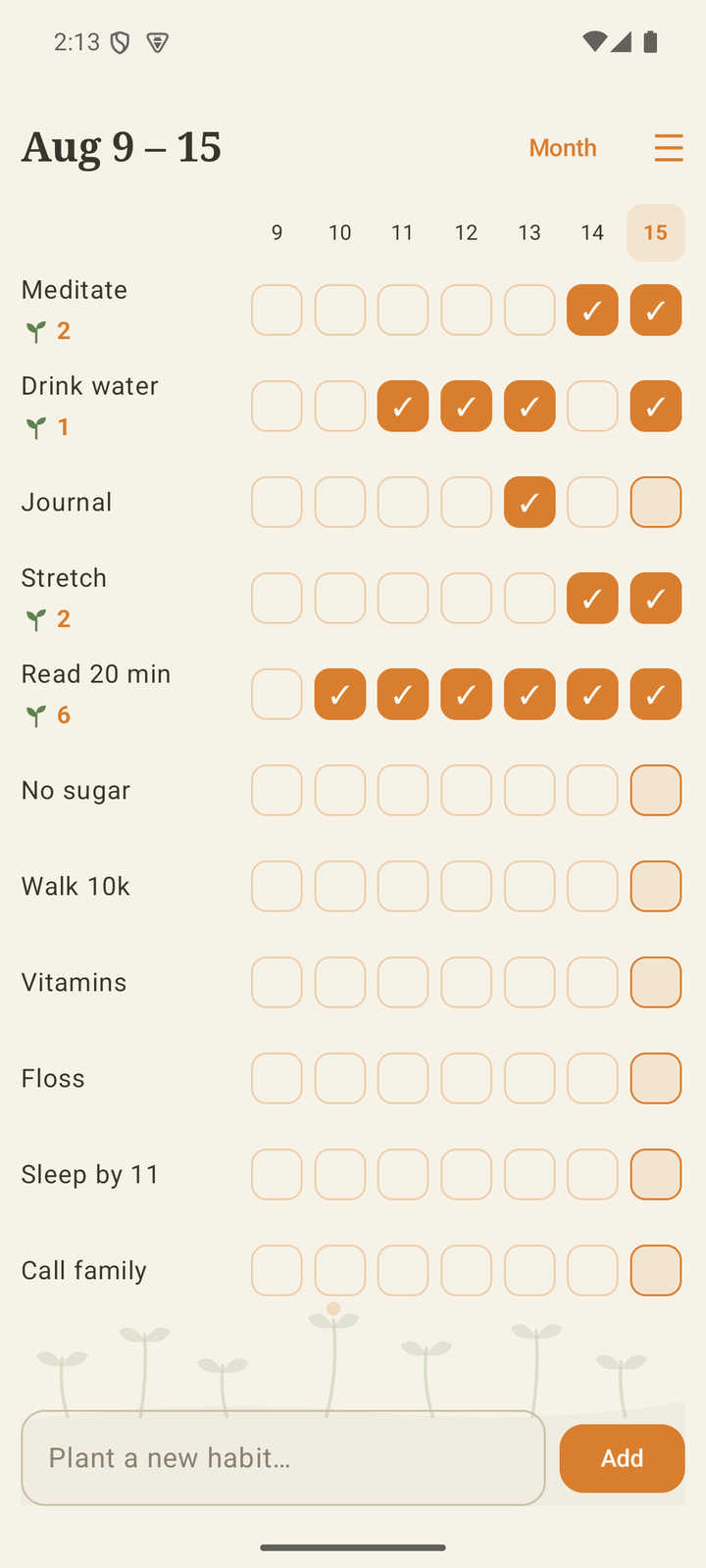 Habit Cabbit week view: a warm cream grid of habits and days, with sprout streak markers.