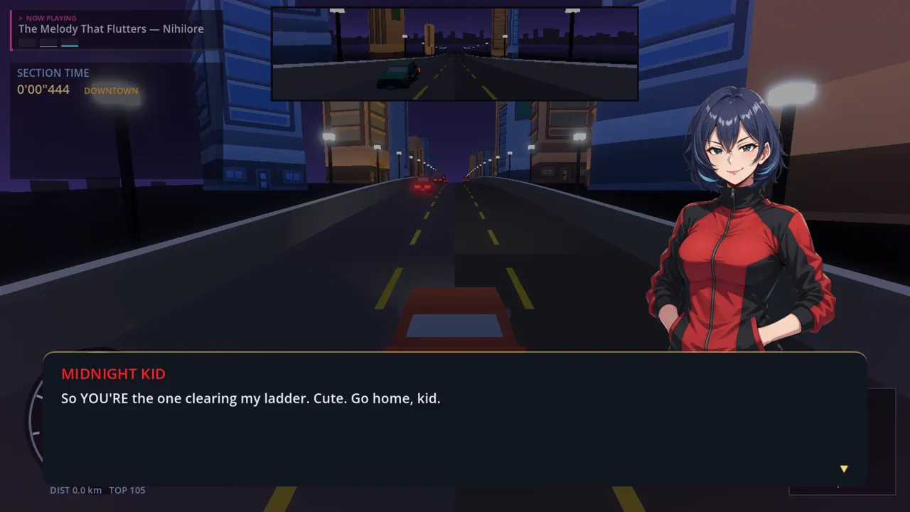 Visual-novel moment — the rival Midnight Kid faces you before a race, dialogue box reading 'So YOU'RE the one clearing my ladder.'