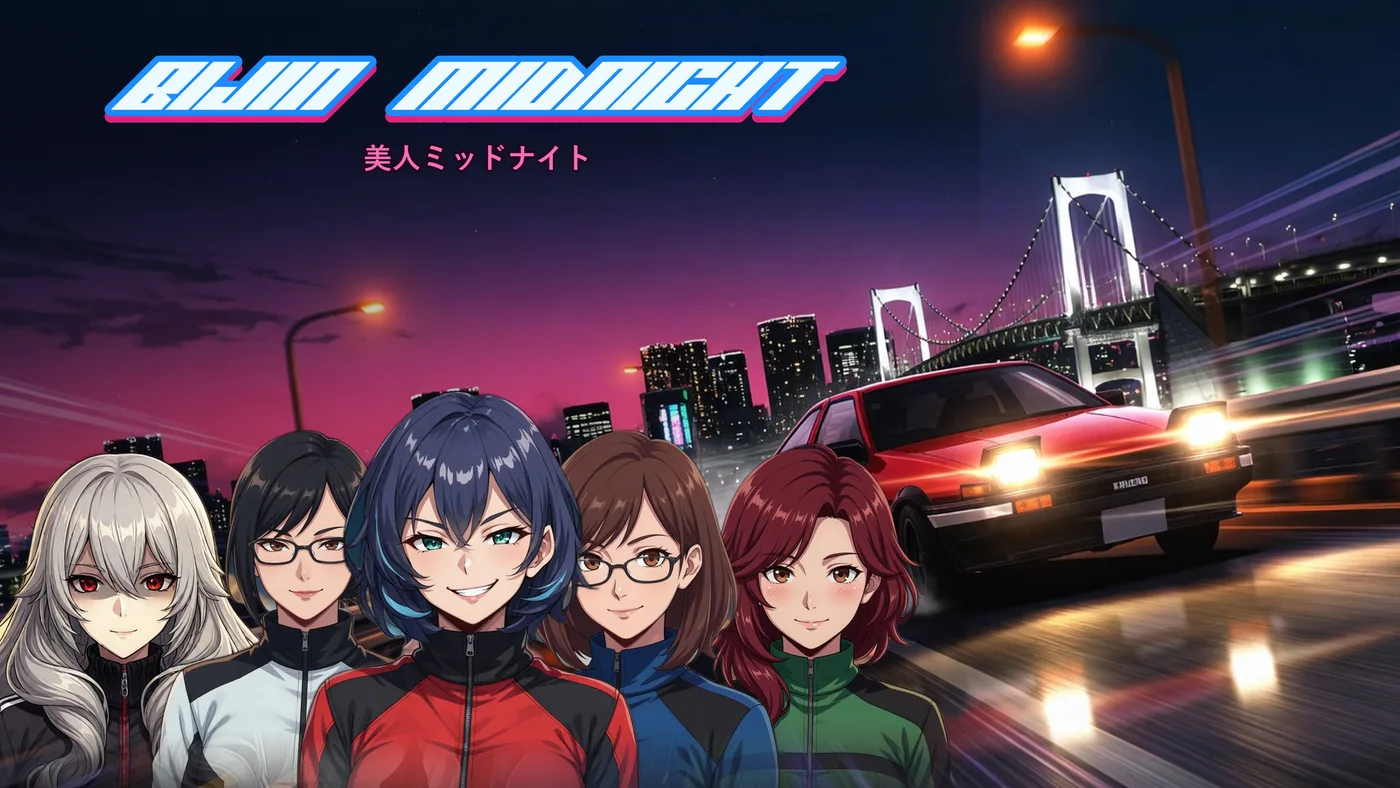Bijin Midnight key art: the five-driver crew in racing jackets on a neon-lit expressway at night, a red AE86 Trueno speeding past the bridge behind them.