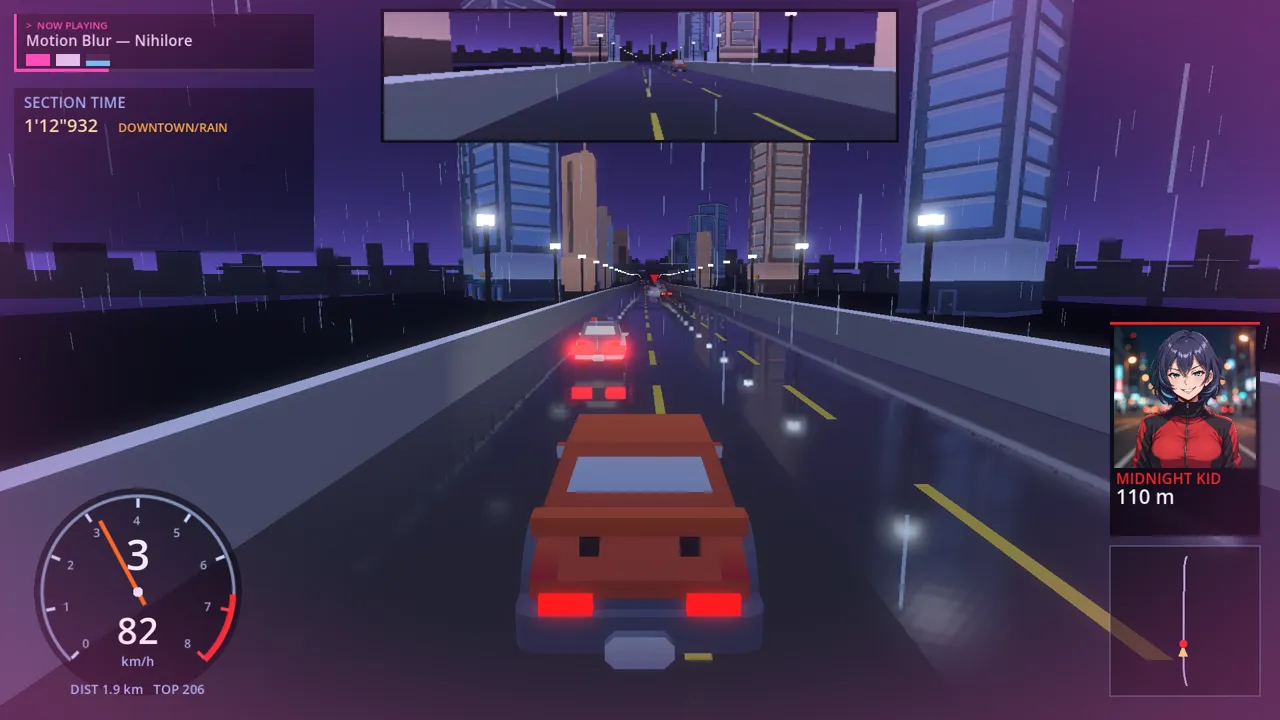 Gameplay in the rain — chasing a rival down a neon downtown expressway, speedometer and rival-distance HUD on screen.