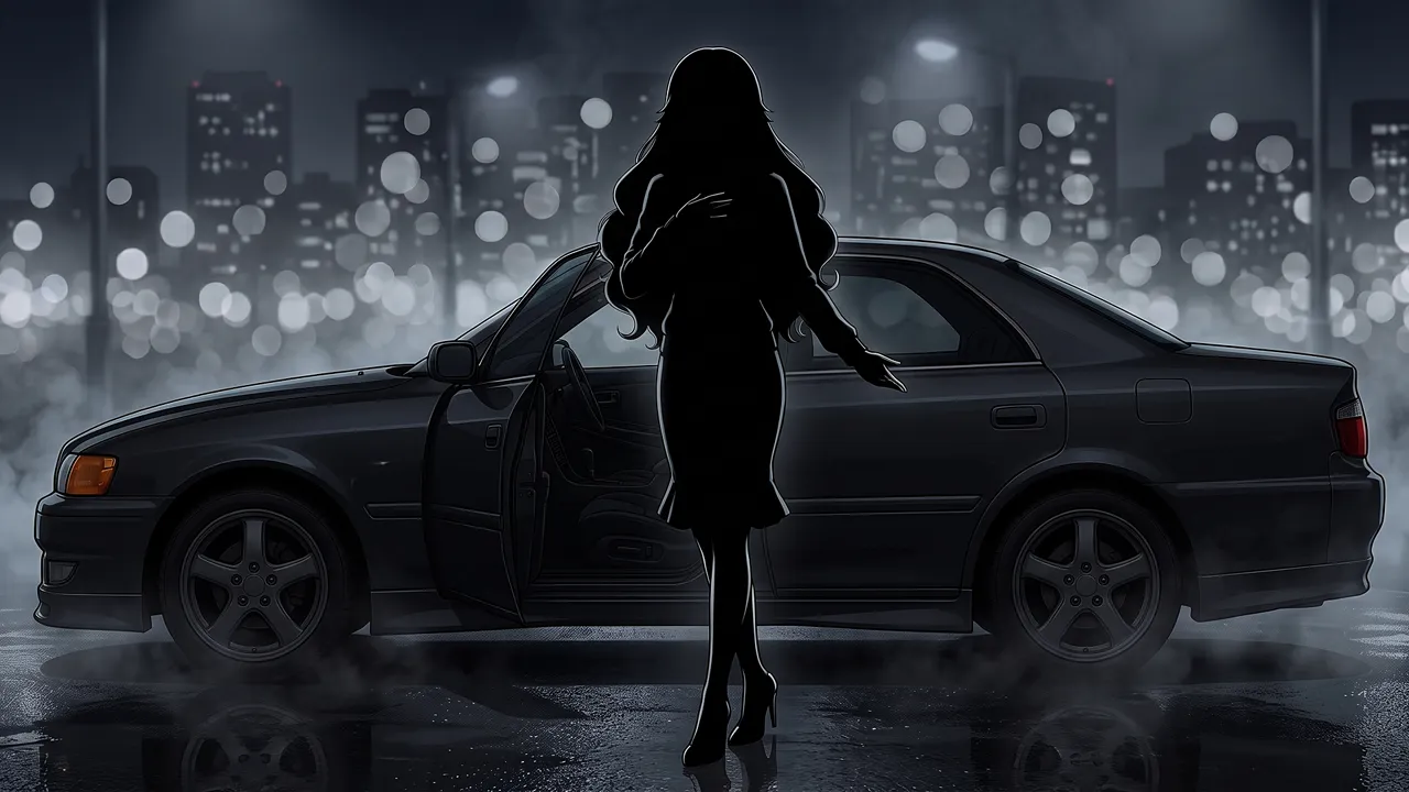 Reward art — a woman's silhouette stepping from a black sedan on a wet, bokeh-lit city street at night.