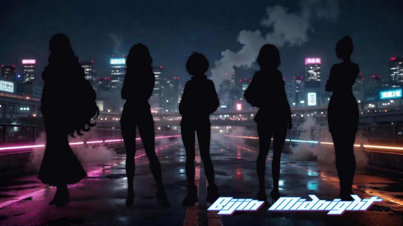 Five driver silhouettes lined up on a rain-slick bridge against a neon city skyline — the rival ladder.