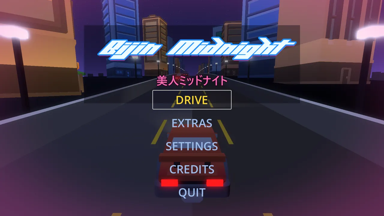 Bijin Midnight title screen — neon logo over a low-poly night city expressway, the DRIVE menu highlighted.