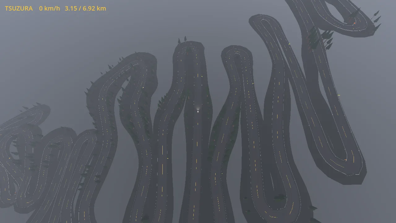 TSUZURA course survey from Bijin Midnight: Sidewinder — a stacked ladder of hairpin switchbacks climbing out of the fog, seen from above, a lone car partway up the mountain road.