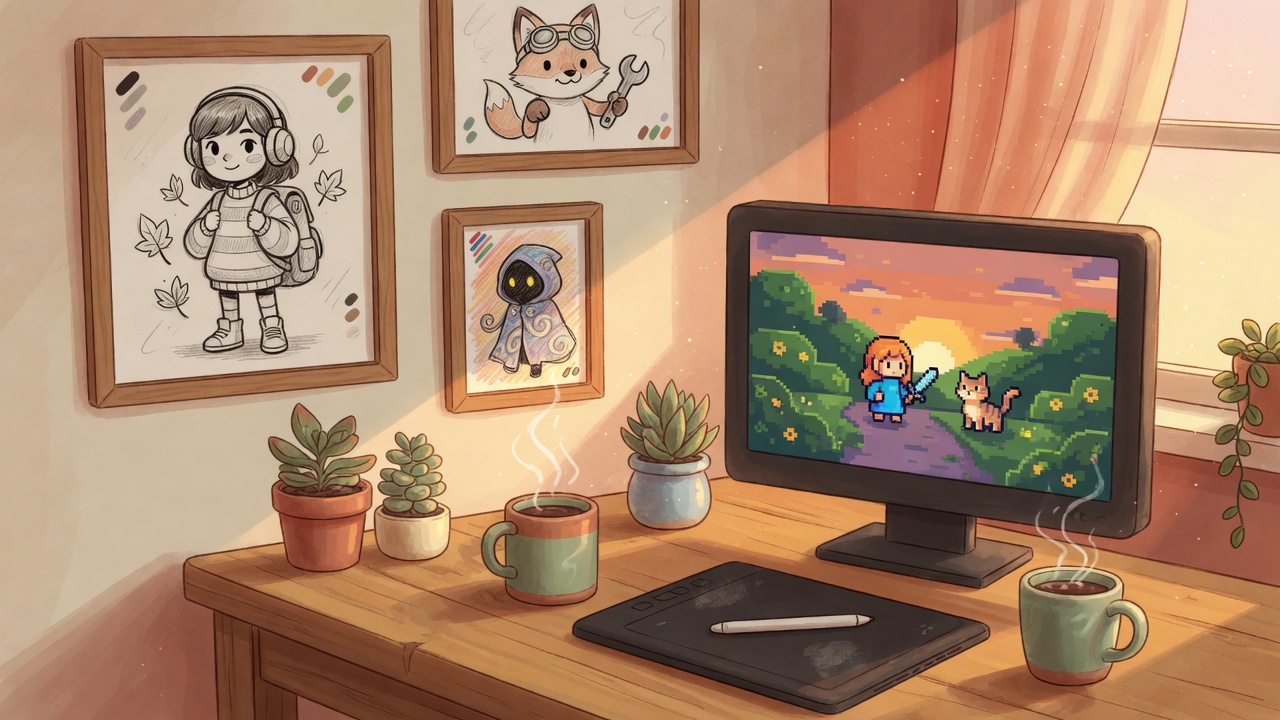 A cozy studio desk in warm golden light: a pixel-art game on the monitor, a drawing tablet, potted succulents and steaming mugs, with framed character concept sketches on the wall above.